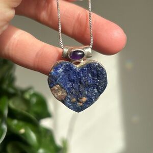 925s Silver AZURITE HEART Necklace w/ Amethyst